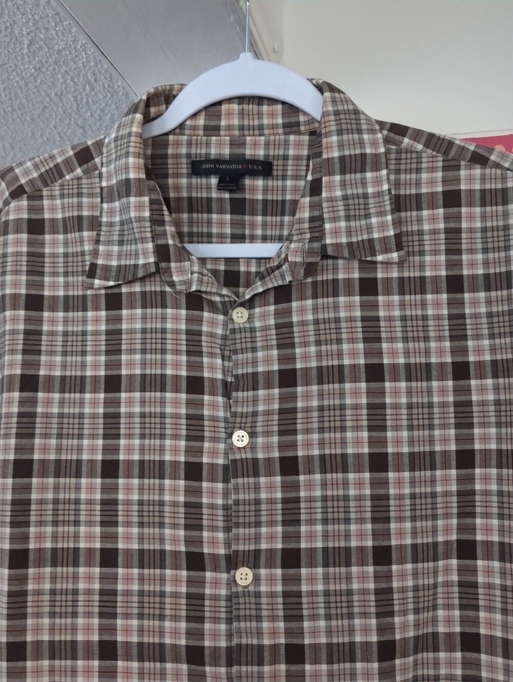🌴 JOHN VARVATOS Camp Shirt Plaid Short Sleeve Button-Up Sz L
